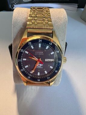 Citizen Gold-Tone Bracelet Watch with Black Dial and Red Second Hand